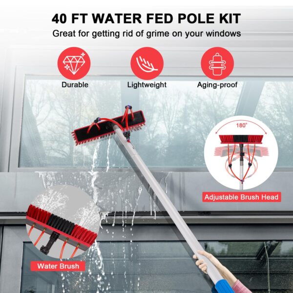 40FT Aluminum Window Cleaning Pole 20M Hose Rotating Brush - Image 2